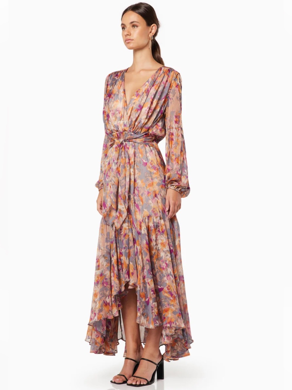 Elliatt Floral Wrap High-Low Dress in Mauve and Peach